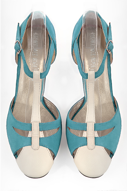 Off white and peacock blue women's T-strap open side shoes. Round toe. Medium comma heels. Top view - Florence KOOIJMAN